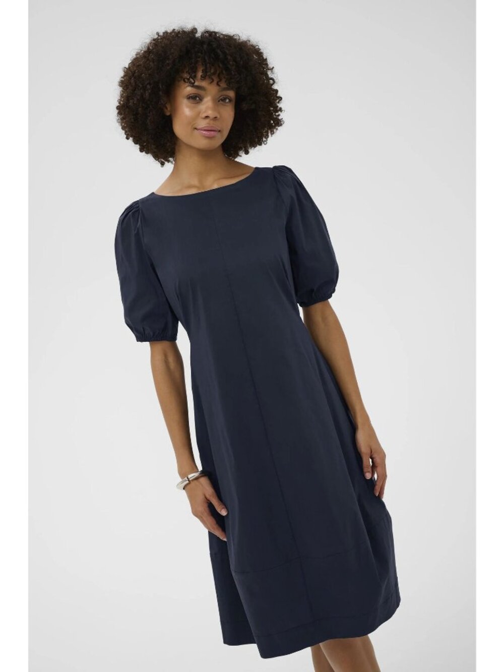 Chicos Shift Dress Women Size 1 US 8/10 Navy Short Sleeve Smocked Cuffs Back Zip